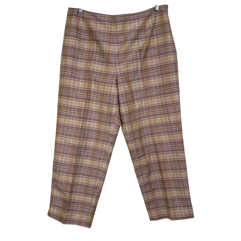 WilliSmith Womens 100% Raw Silk Plaid Pants Lavender Tan Lime Green Size 14
